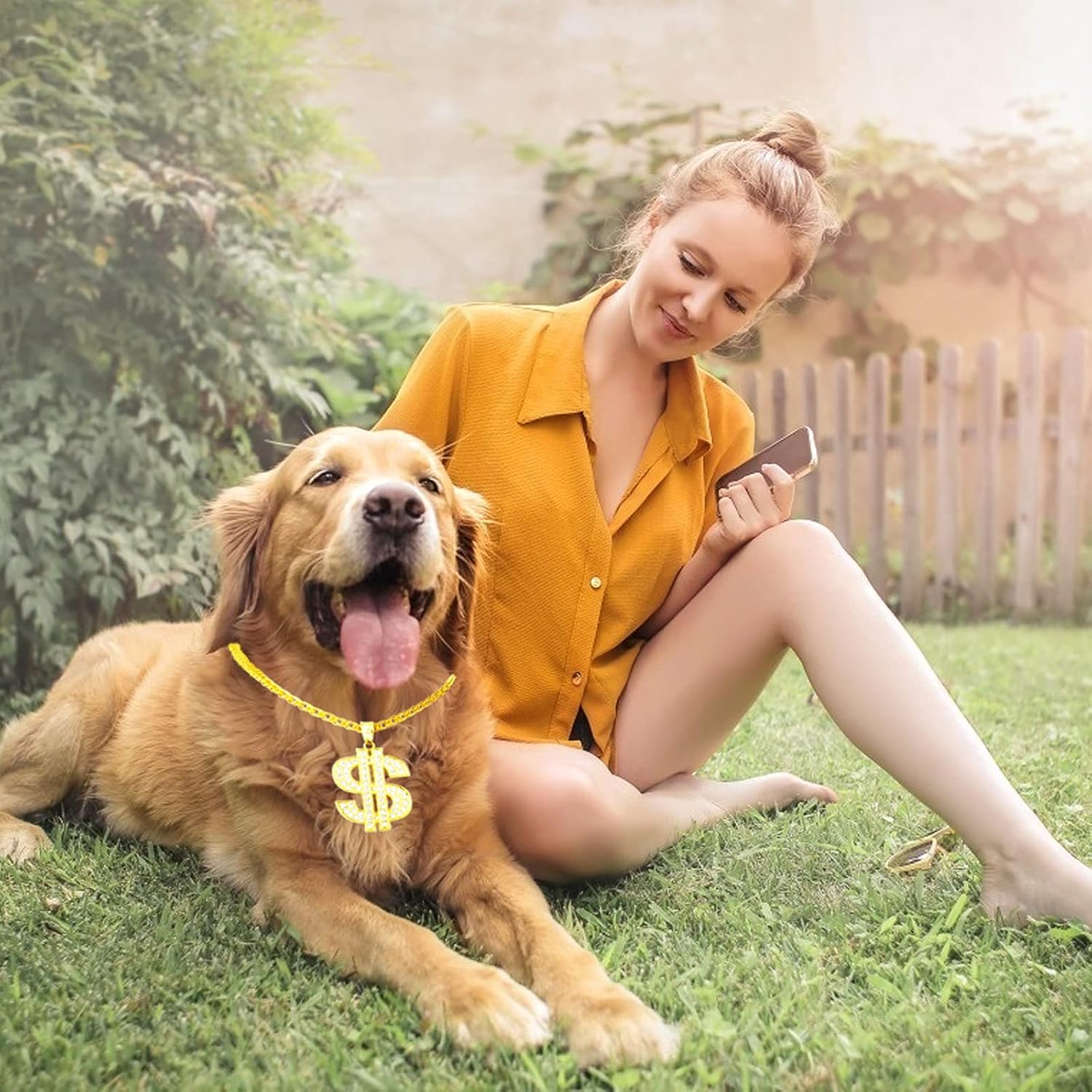 Hypoallergenic rhinestone crystal dollar sign pendant details on the pet costume necklace.