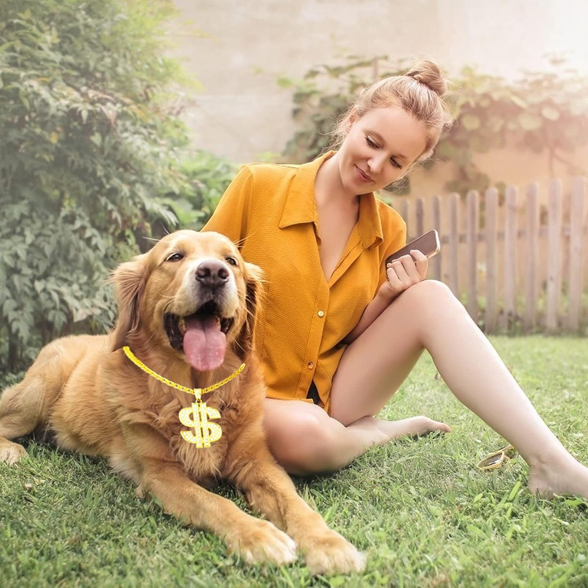Hypoallergenic rhinestone crystal dollar sign pendant details on the pet costume necklace.