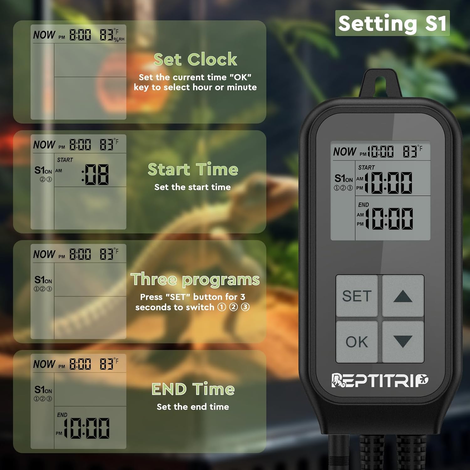 REPTITRIP 1250 Watt reptile thermometer controller for heating pads and UVB lamps