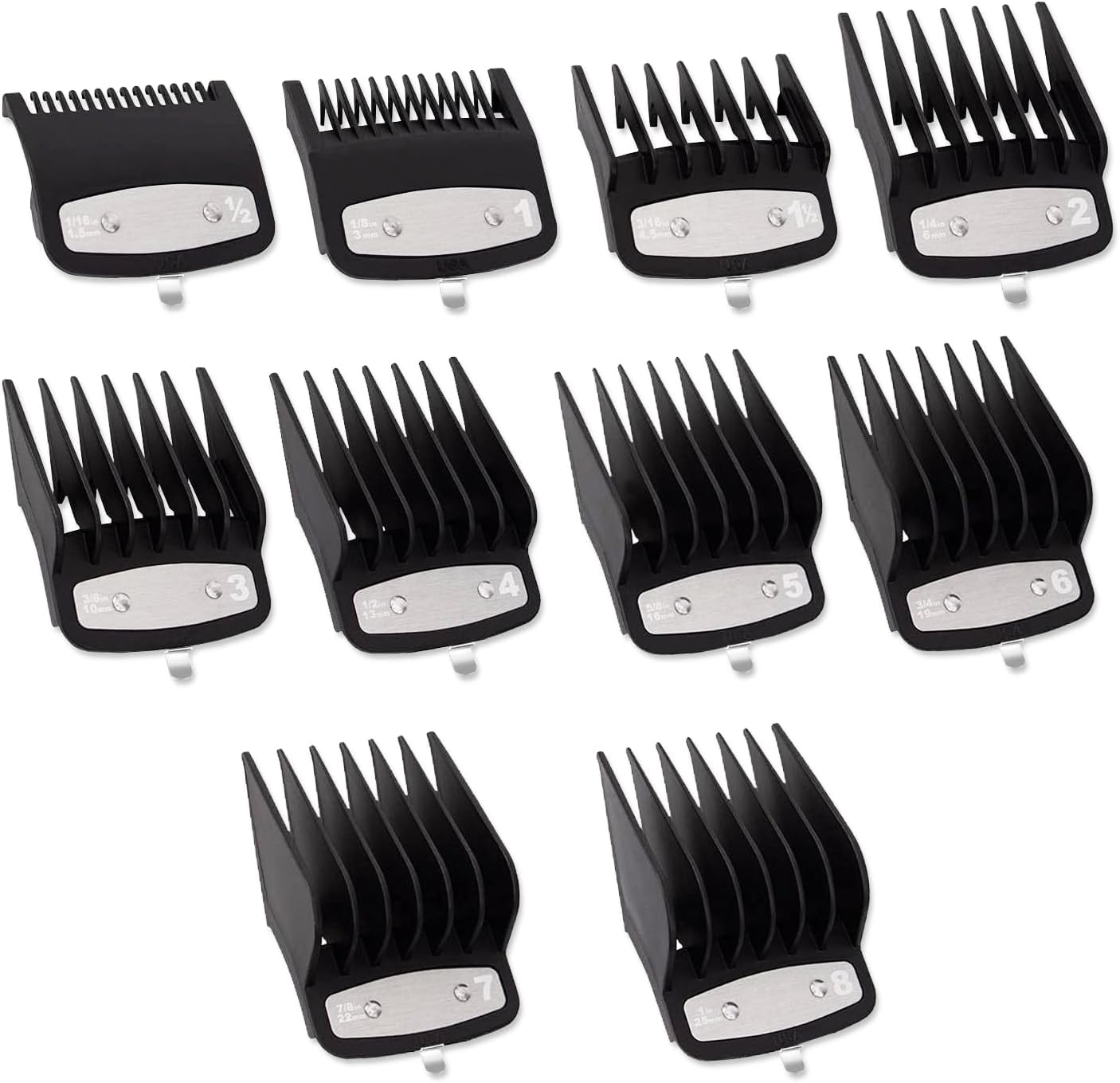 DNSHAN 10 Piece Professional Clipper Guard Set front view showcasing ten black replacement attachment combs aligned in size order.