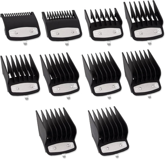 DNSHAN 10 Piece Professional Clipper Guard Set front view showcasing ten black replacement attachment combs aligned in size order.