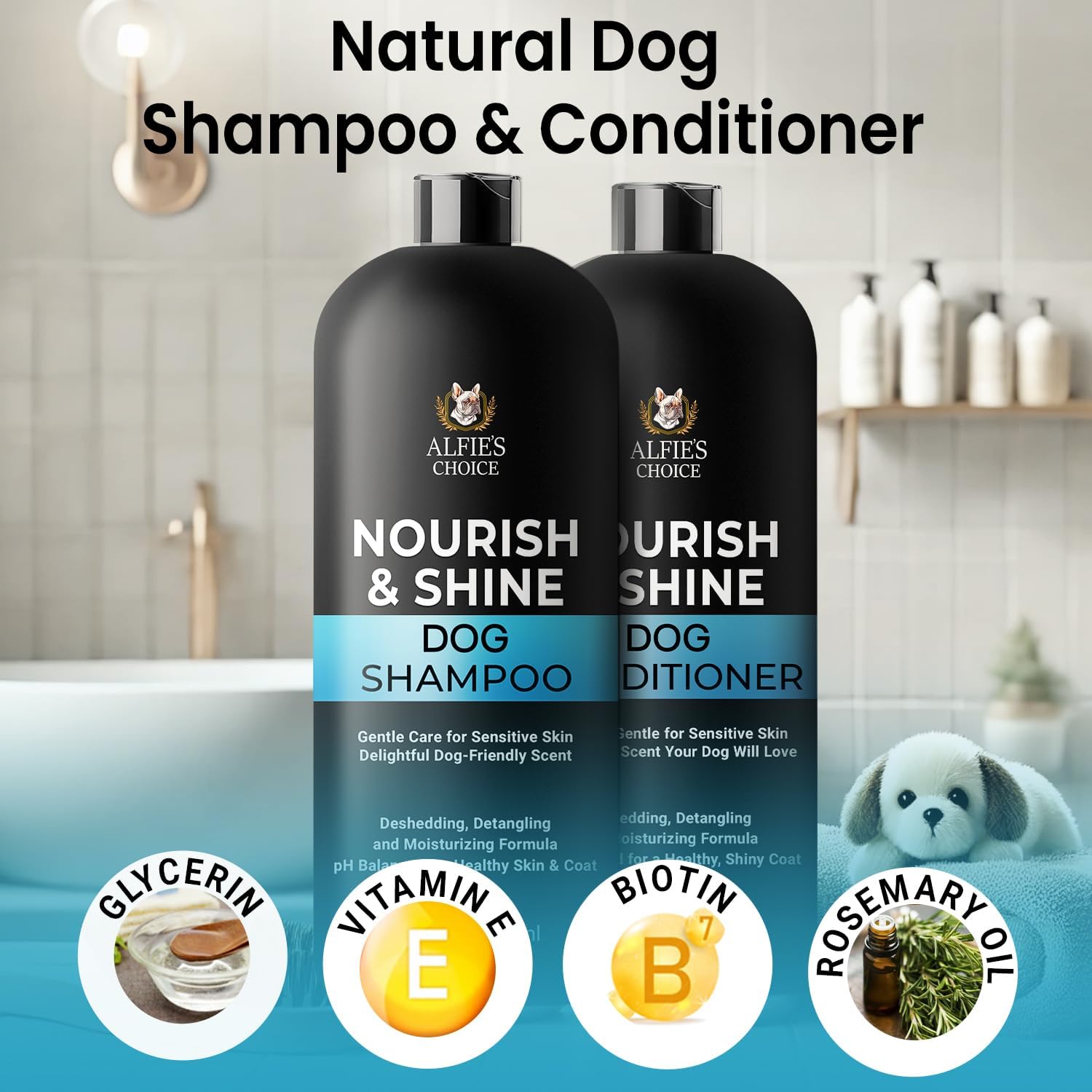 Back label of Alfie's Choice pet care set showing directions for use and skin soothing properties.