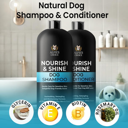 Back label of Alfie's Choice pet care set showing directions for use and skin soothing properties.