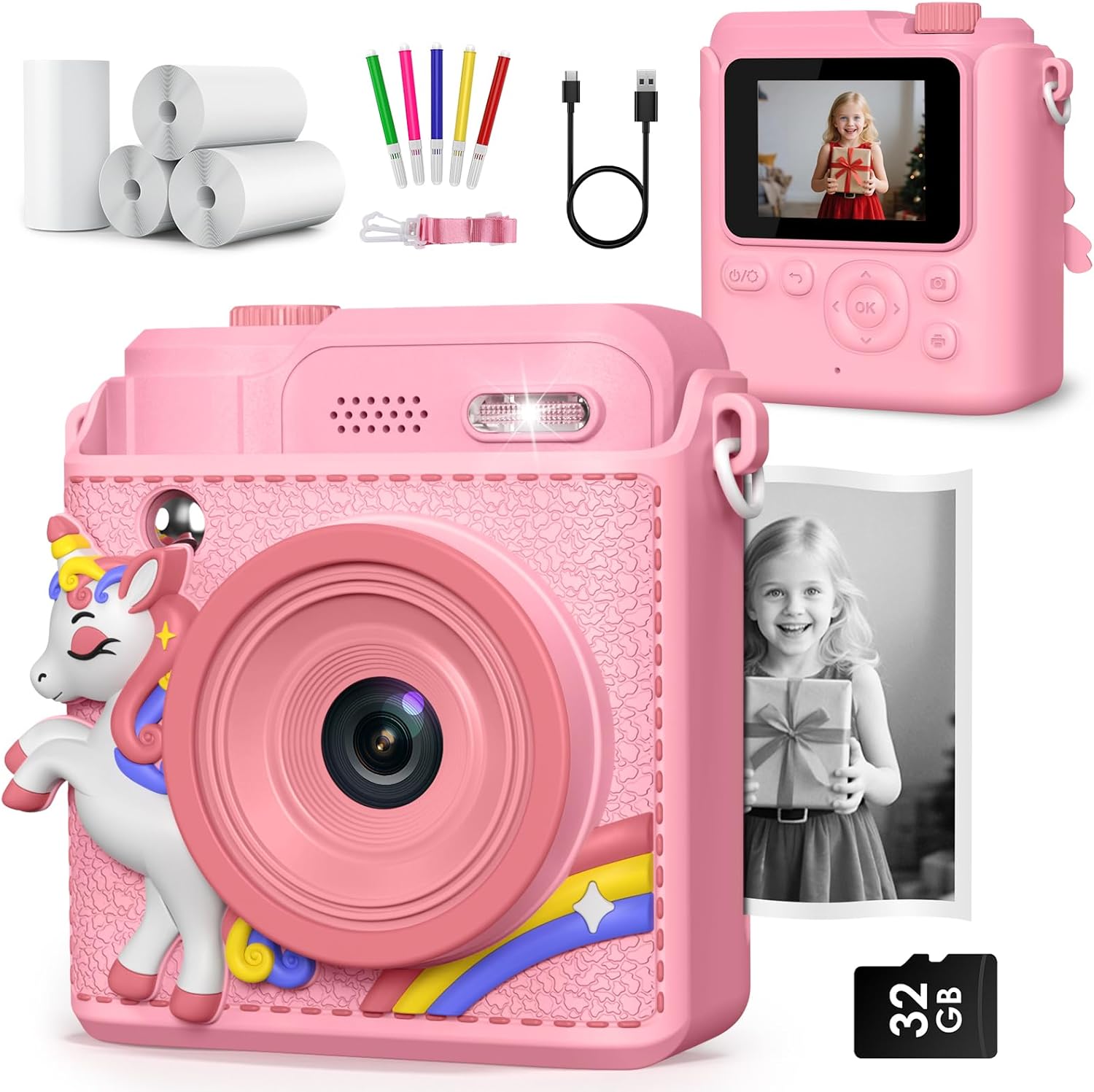 Gofunly kids instant print camera front view pink unicorn digital toy for children