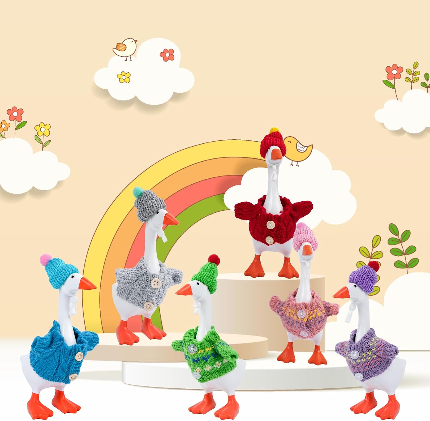 Six complete sets of winter miniature apparel organized by color for seven inch desk statues