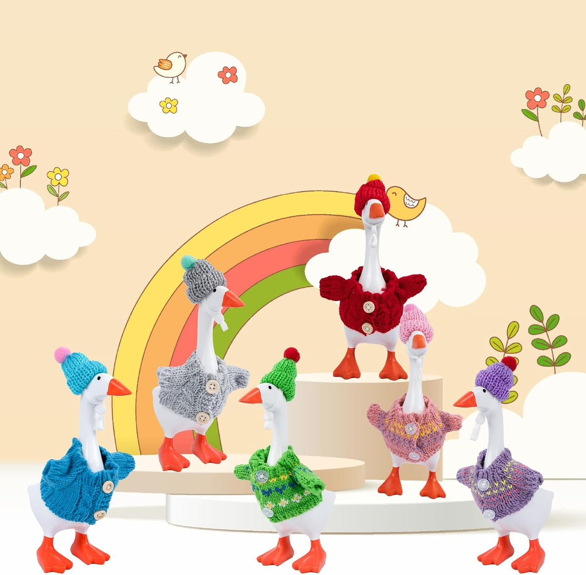 Six complete sets of winter miniature apparel organized by color for seven inch desk statues