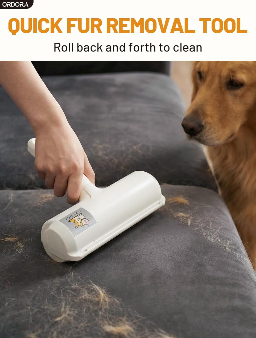 Ordora reusable lint roller cleaning a fabric couch