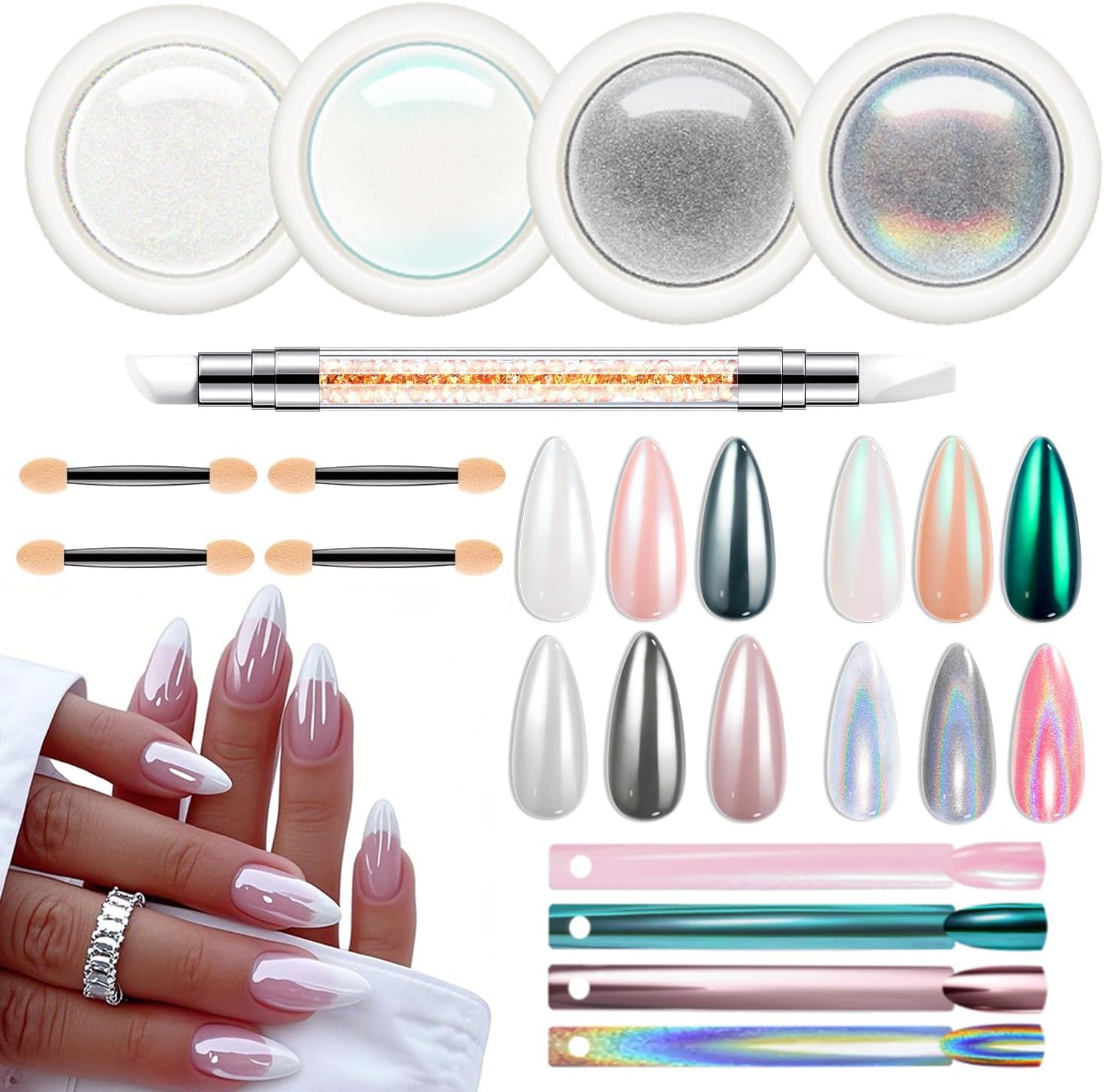 Modelones Chrome Nail Powder 4 Piece Kit front view in white jars