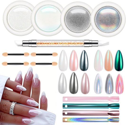 Modelones Chrome Nail Powder 4 Piece Kit front view in white jars
