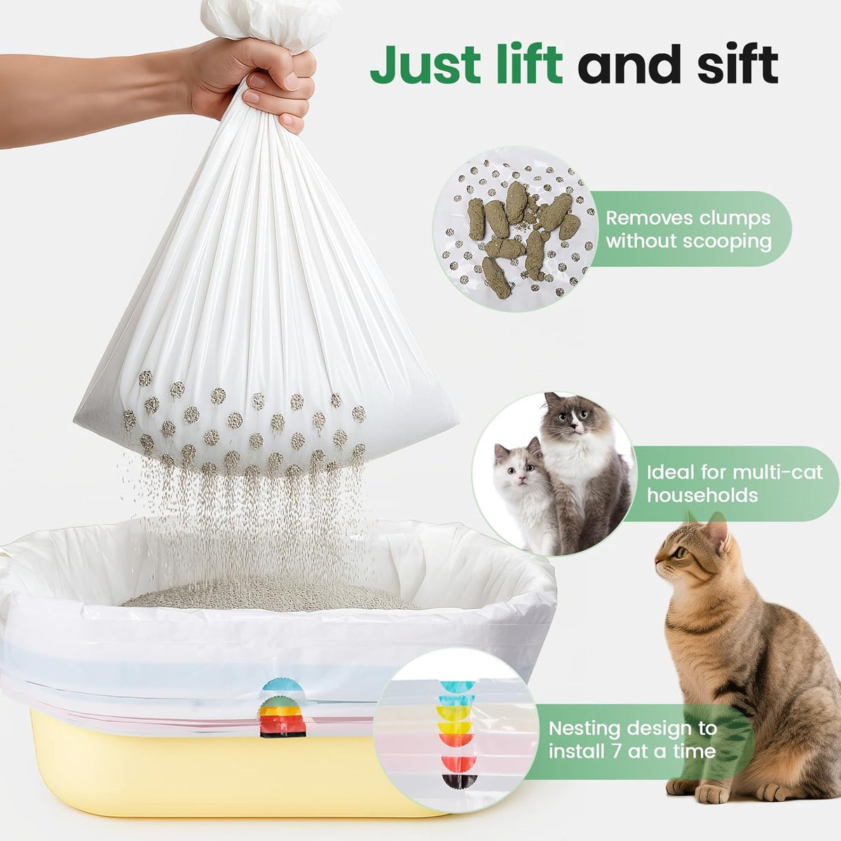 Heavy duty thickened cat litter box liners with sifting holes separating clean litter from waste.