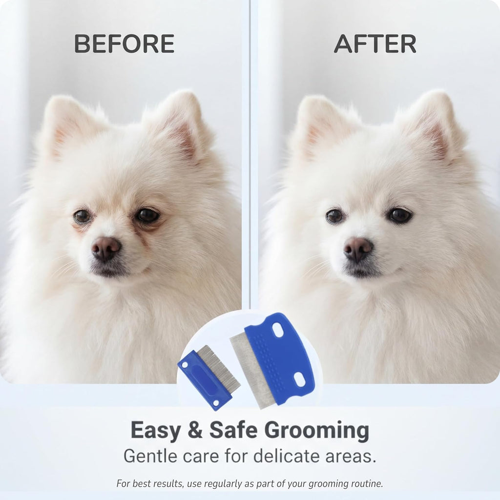Fine-toothed flea remover comb clearing mucus from a white Shih Tzu puppy's eyes.