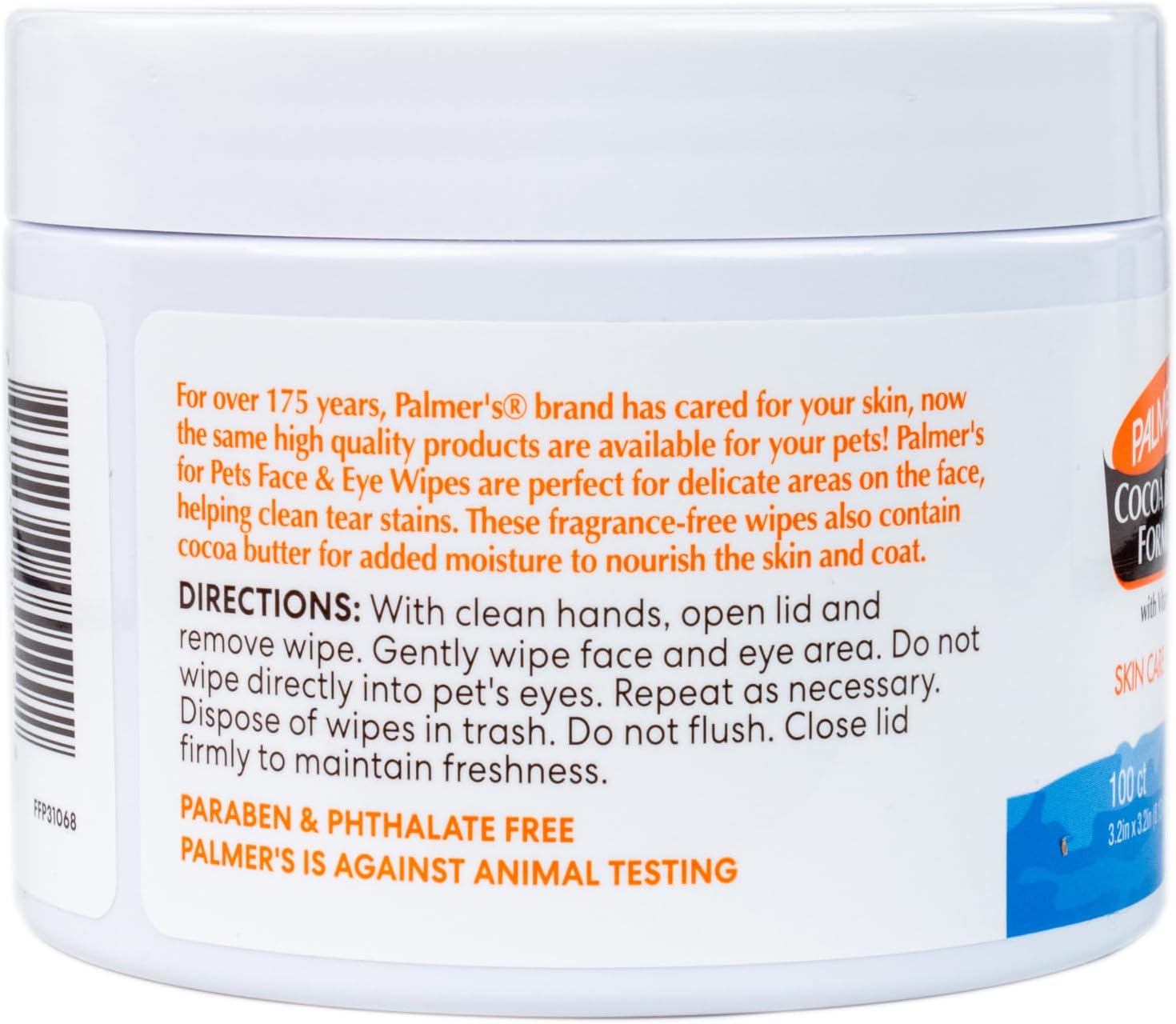 Palmer's For Pets gentle cleansing pads container showing the easy open lid mechanism