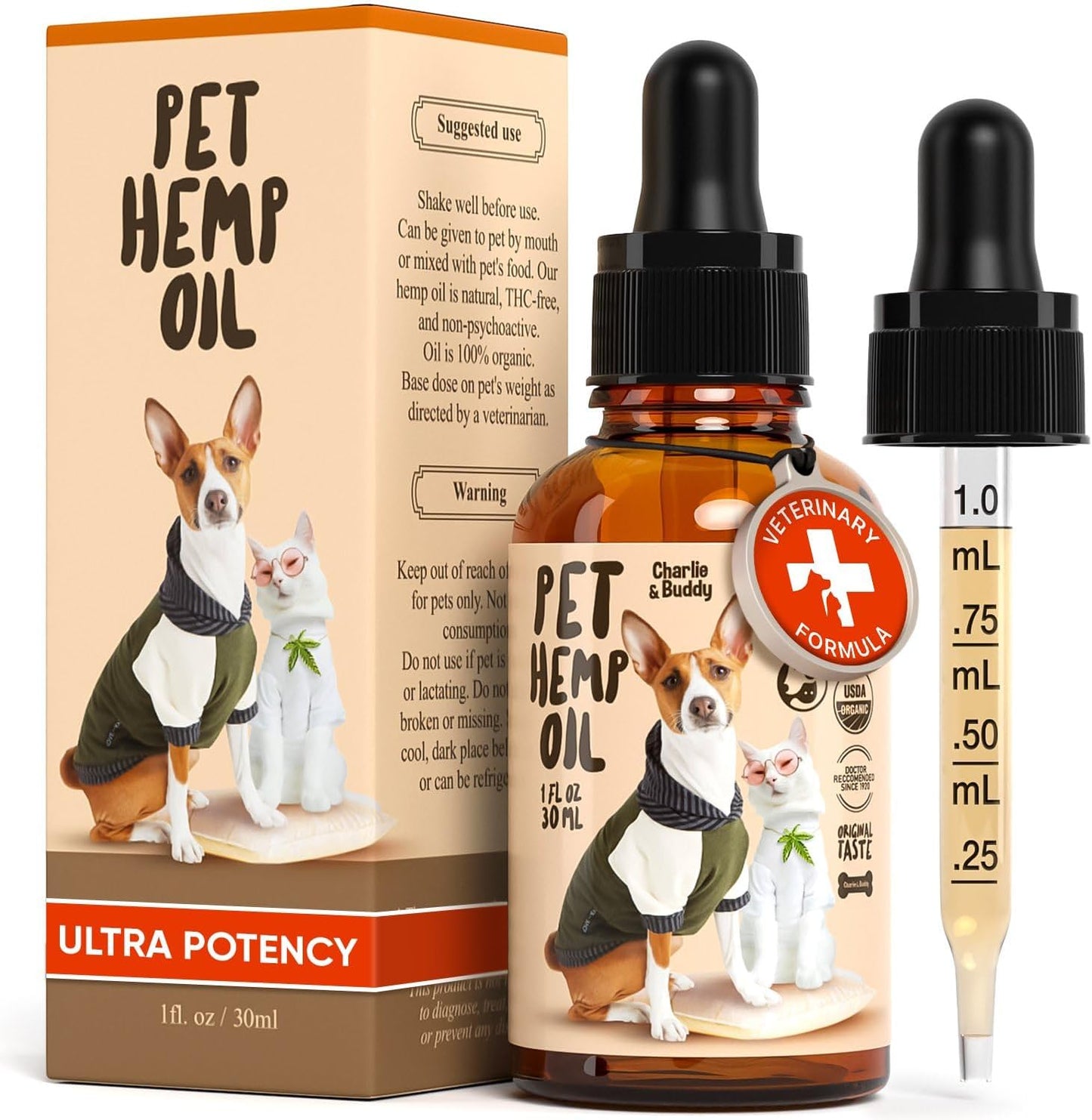 Charlie & Buddy Hemp Oil for Dogs and Cats 1 fluid ounce front view bottle showcasing pet calming supplement