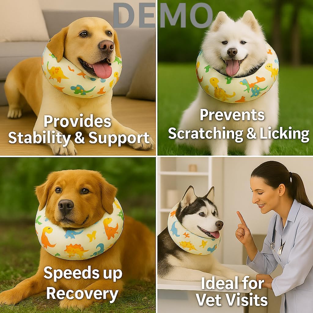 LovinPet yellow dinosaur print soft cone for canine healing support.