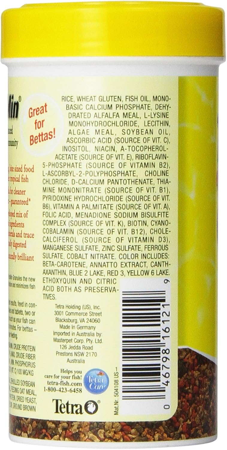 Tetra TetraMin Tropical Granules ingredient and feeding guide label view