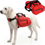 SKIPGEAR dog backpack front view showing the red detachable saddle bag design