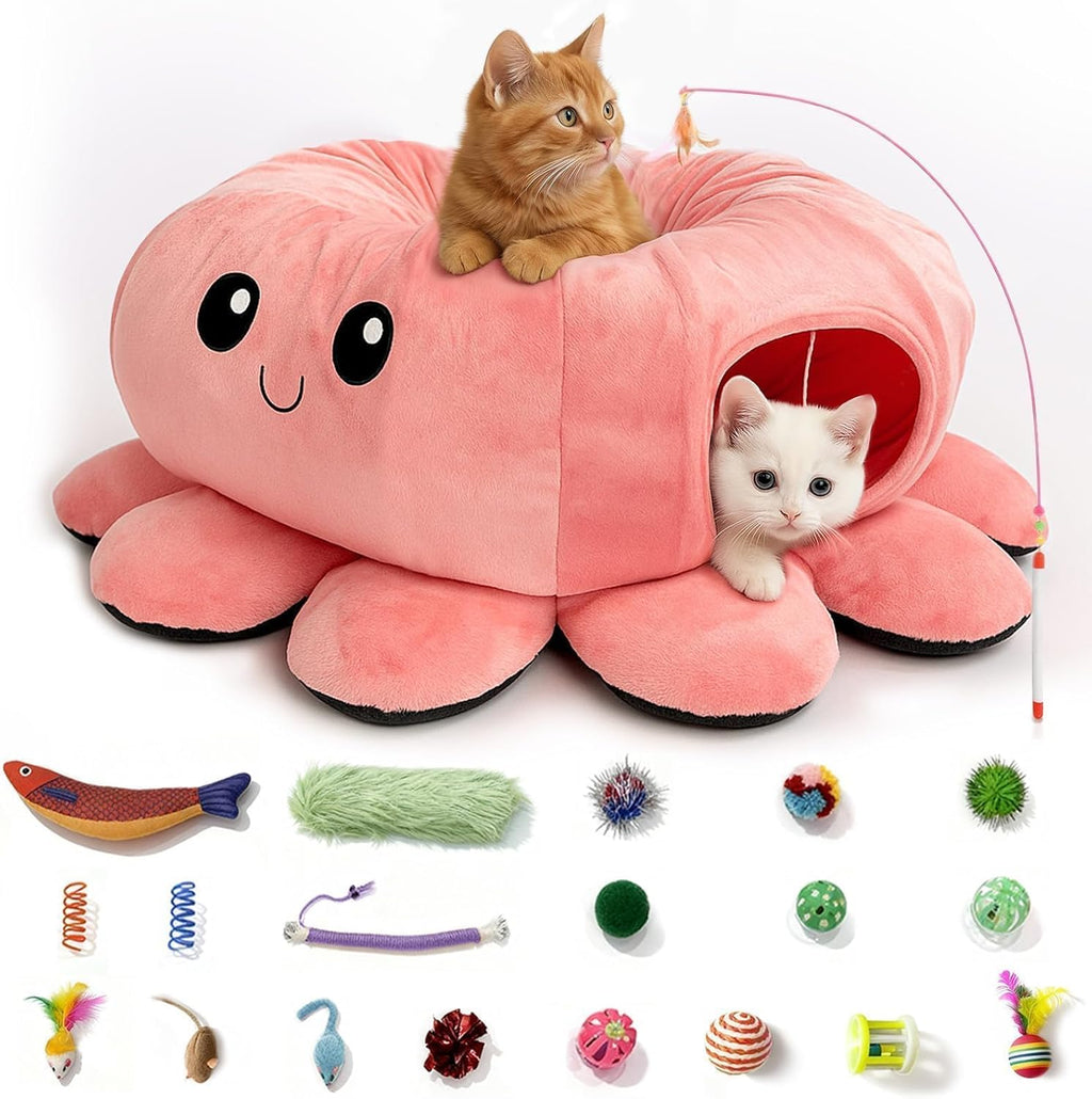 VIEFIN octopus cat tunnel bed front view showing pink design and big eyes
