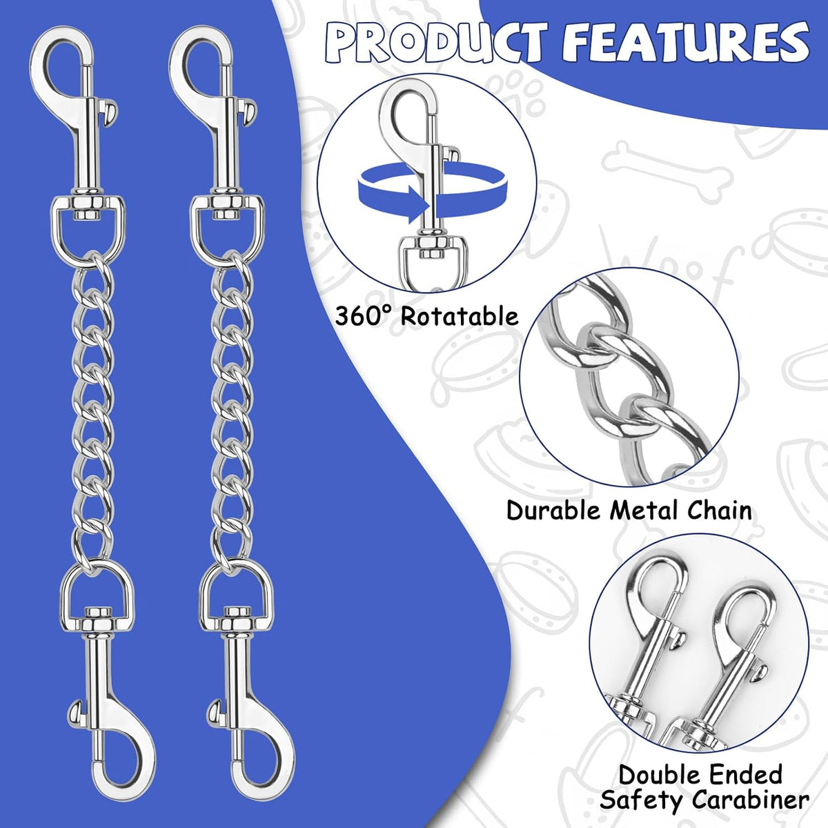 Stainless steel dog backup clip attached to a harness and collar on a dog