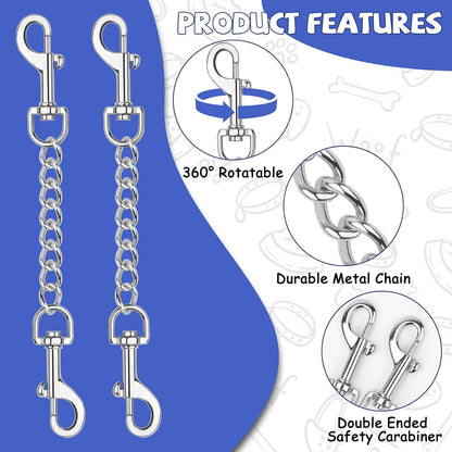 Stainless steel dog backup clip attached to a harness and collar on a dog