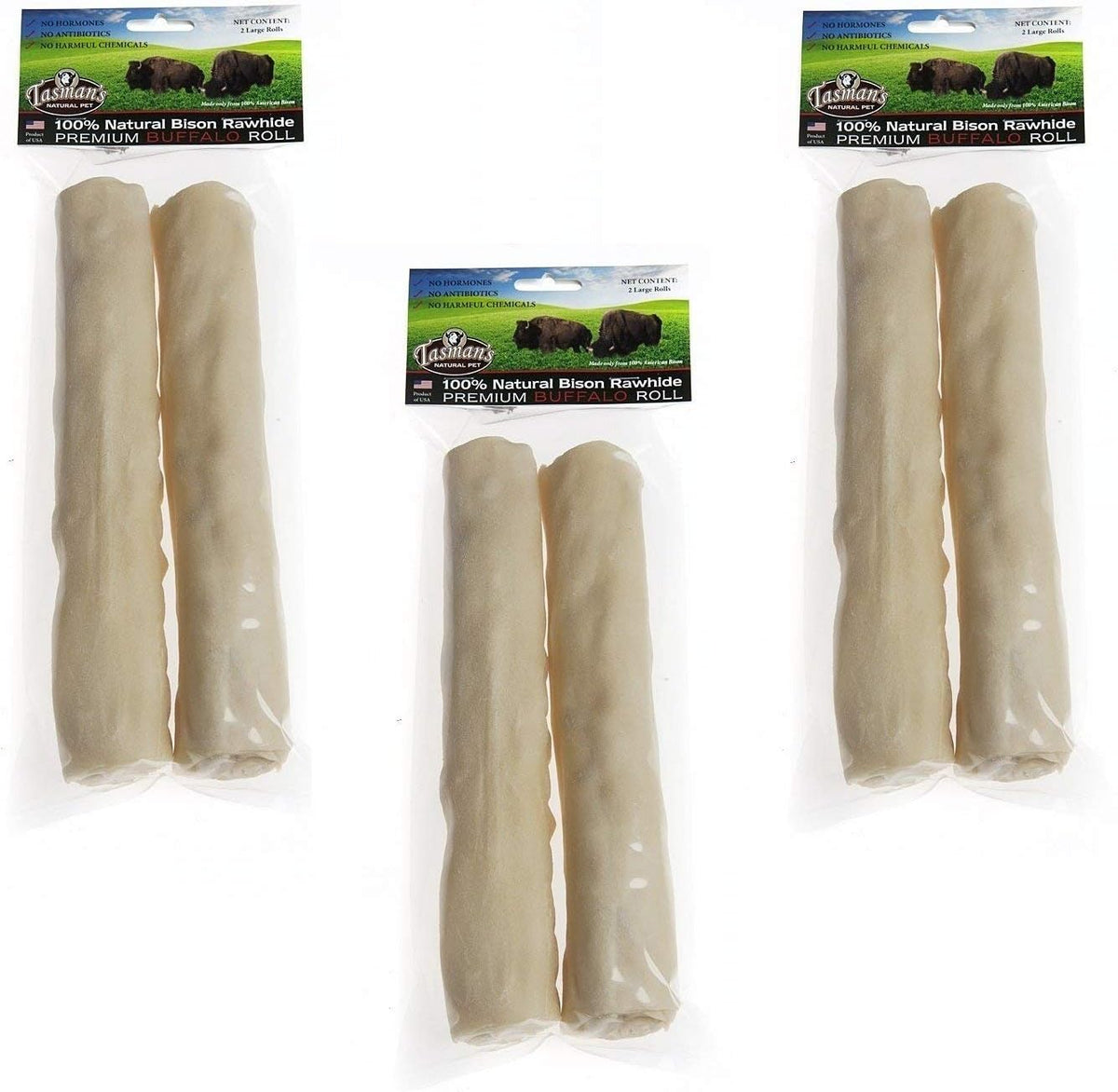 Tasman's Natural Pet All-Natural Buffalo Rawhide Rolls front view of premium imported large dog chews.