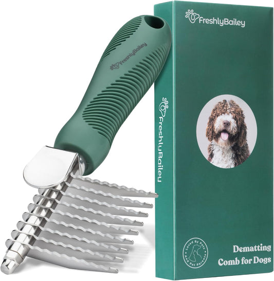 Freshly Bailey Dog Dematting Comb front view showing green ergonomic handle