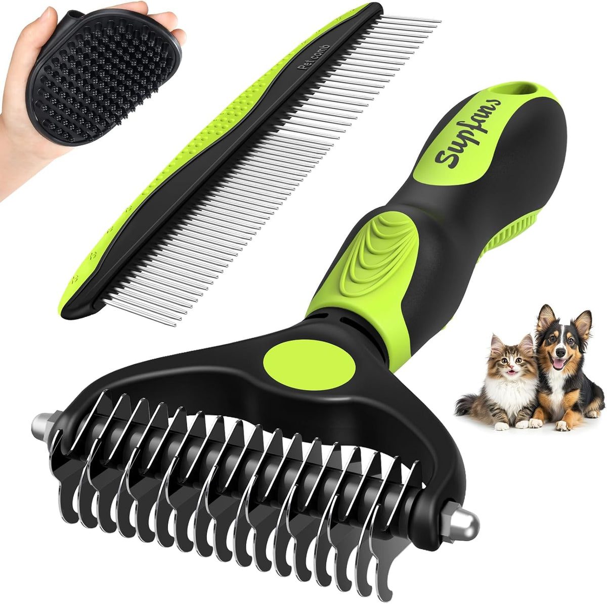 YSYONBOE 3-piece pet grooming rake and comb set front view for dog deshedding.
