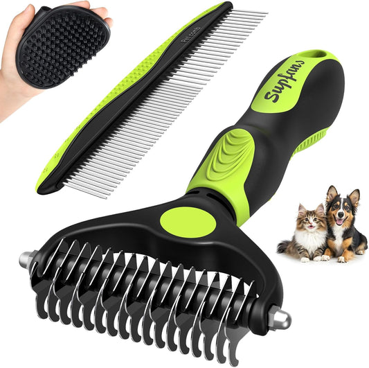 YSYONBOE 3-piece pet grooming rake and comb set front view for dog deshedding.