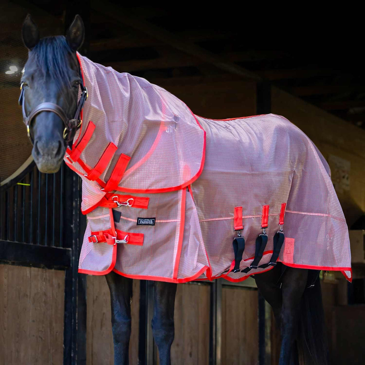 Jeffers Romper Stomper horse fly sheet grey and red front view premium horse tack
