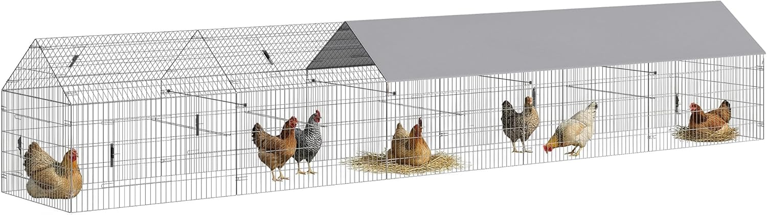 PawHut Metal Chicken Coop, Large Chicken Run with Water-Resistant & Anti-UV Cover for 7-9 Hens, Outdoor Hen House Rabbit Hutch with 10 Doors for Duck, Small Animal, for Backyard, 21' x 3.5' x 3.6' - Image 1