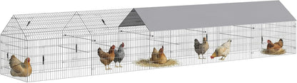 PawHut Metal Chicken Coop, Large Chicken Run with Water-Resistant & Anti-UV Cover for 7-9 Hens, Outdoor Hen House Rabbit Hutch with 10 Doors for Duck, Small Animal, for Backyard, 21' x 3.5' x 3.6' - Image 1