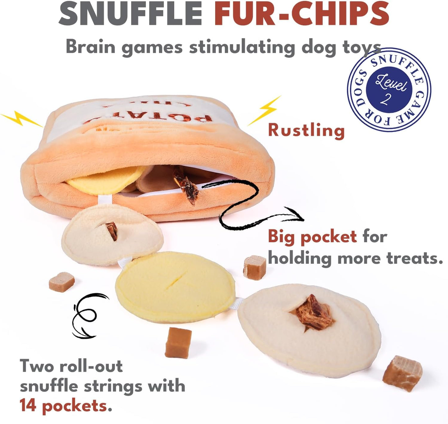 CHEWFFON interactive dog toy crinkle bag with roll out fabric strings