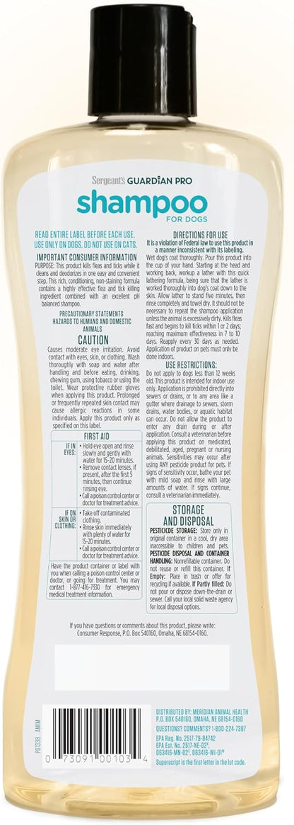 Sergeant's Guardian Pro Flea and Tick Shampoo 18 ounce bottle showing directions.
