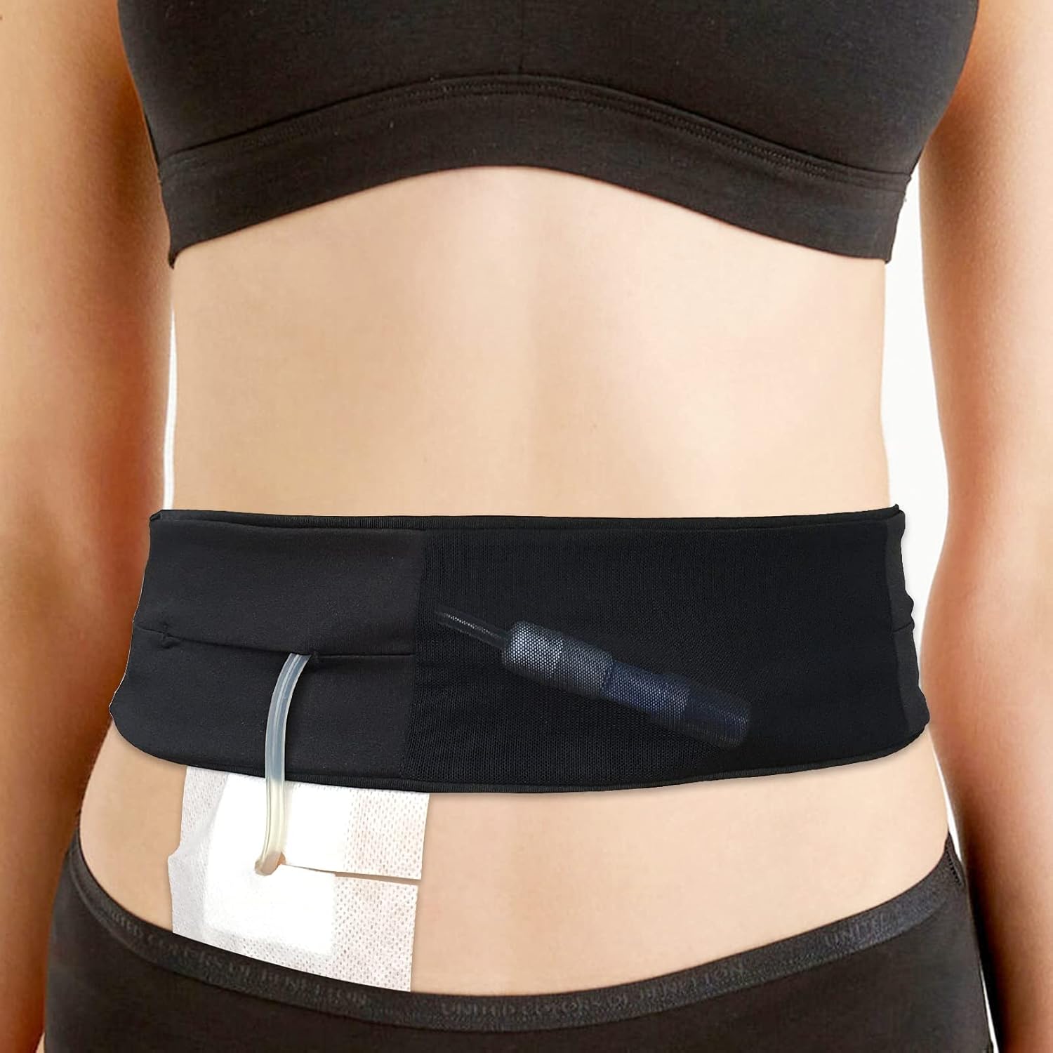 DiaBelt peritoneal dialysis catheter holder front view showcasing the breathable mesh pouch structure