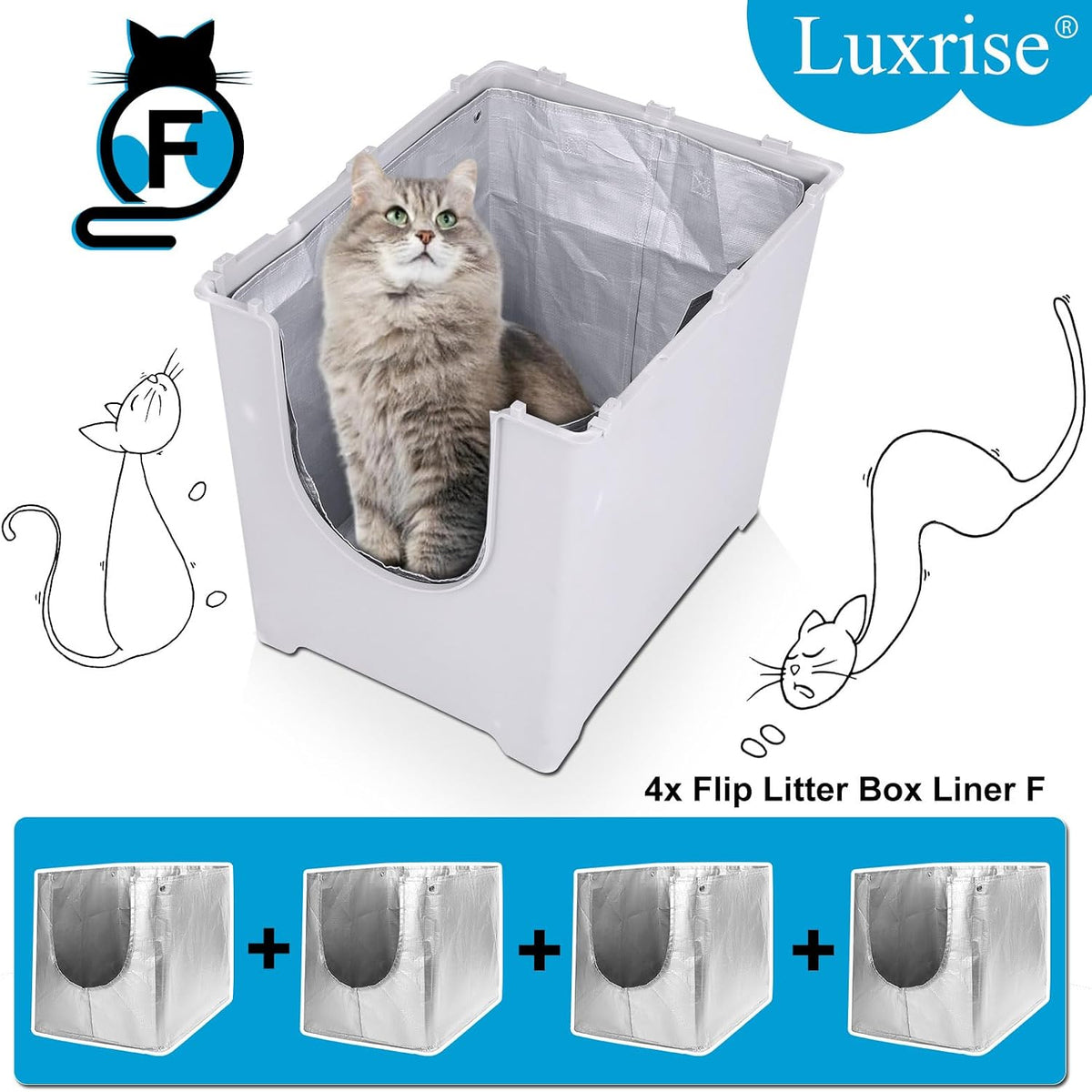 Luxrise Type F cat litter box liners pack of four displaying the sturdy seamless leakproof base.