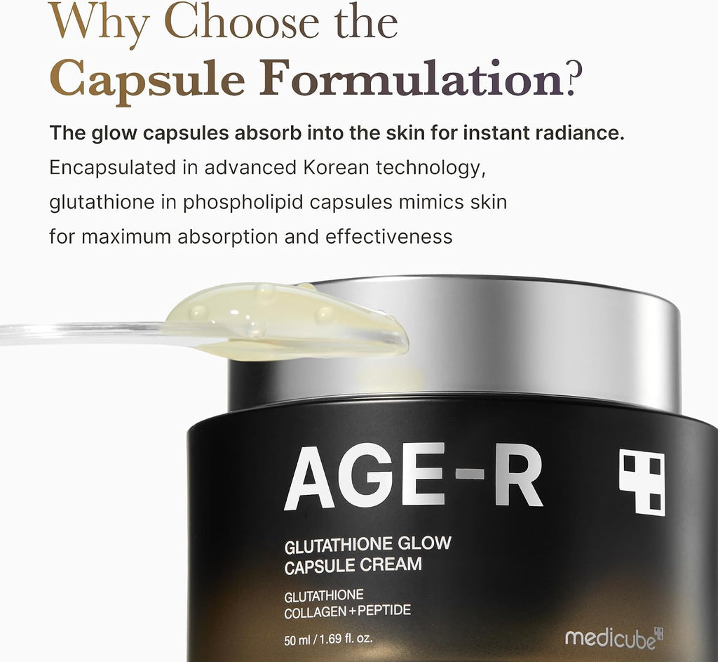 Medicube glutathione cream texture showing suspended glow capsules