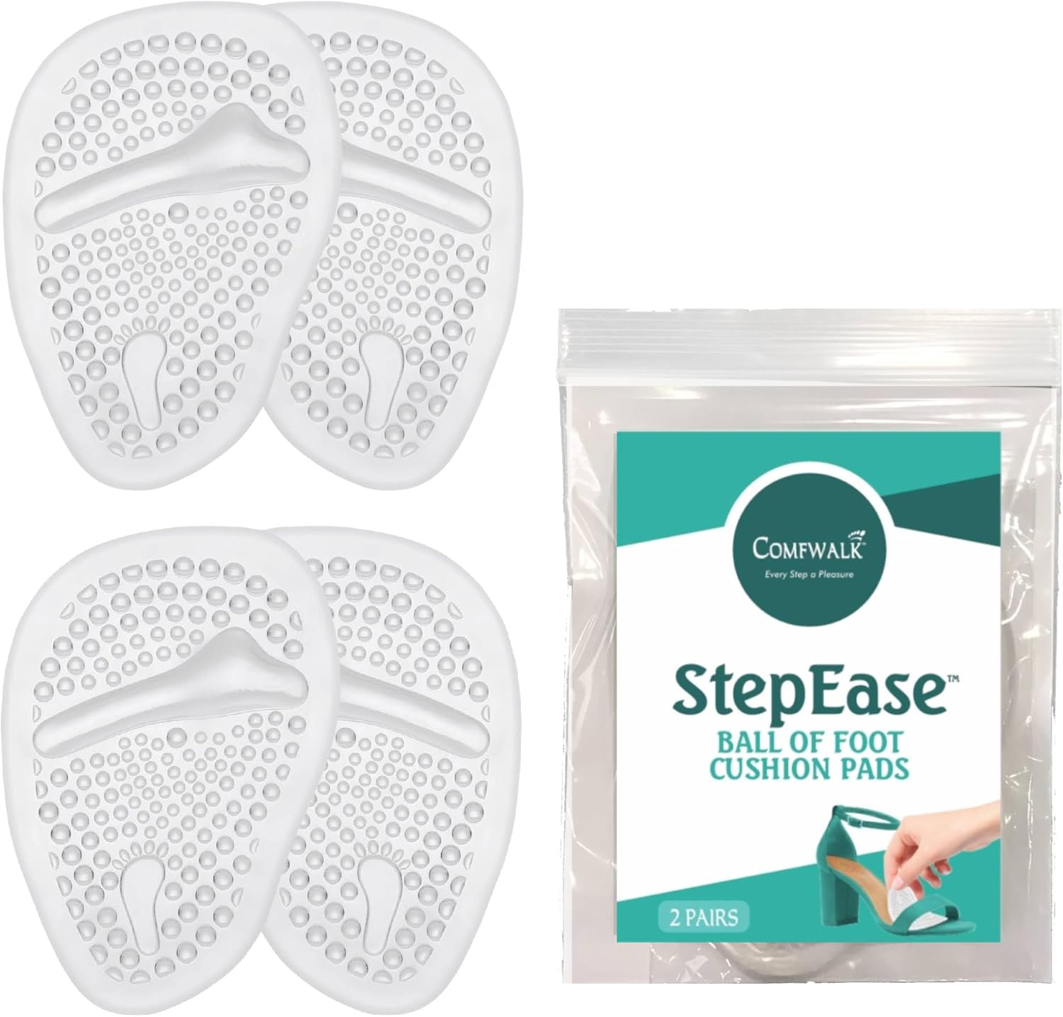 Comfwalk StepEase Gel Metatarsal Pads front view showing clear silicone design for foot pain relief.