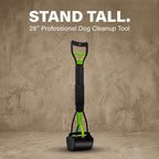 Long handle pet waste picker deployed for upright backyard cleanup.