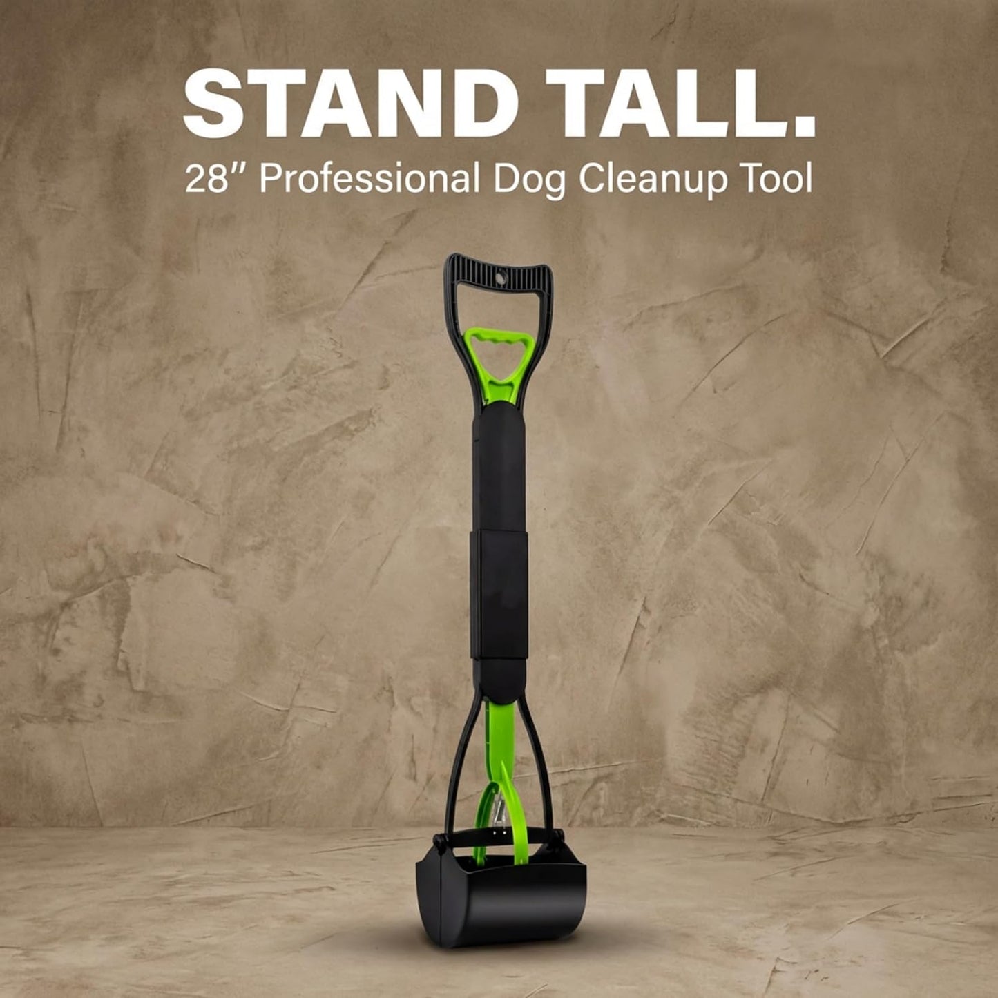 Long handle pet waste picker deployed for upright backyard cleanup.