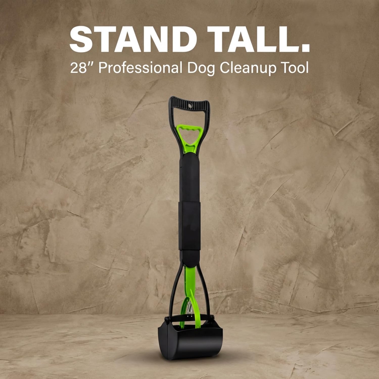 Long handle pet waste picker deployed for upright backyard cleanup.