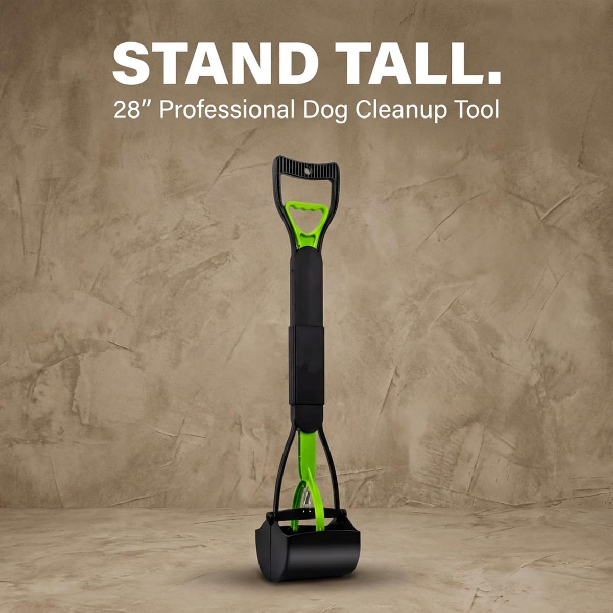 Long handle pet waste picker deployed for upright backyard cleanup.