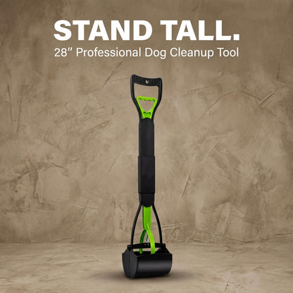 Long handle pet waste picker deployed for upright backyard cleanup.