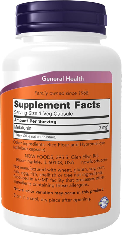Supplement facts and dosage instructions on the back label of Now Foods Melatonin 180 count bottle.
