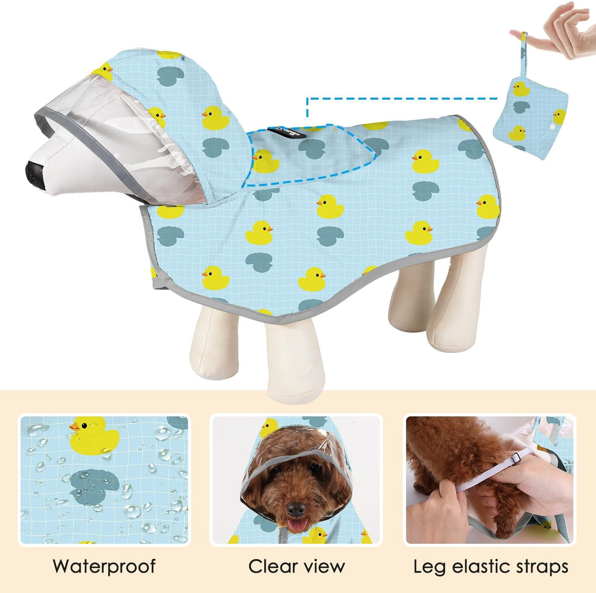 Portable built-in storage pocket on a foldable pet raincoat poncho.