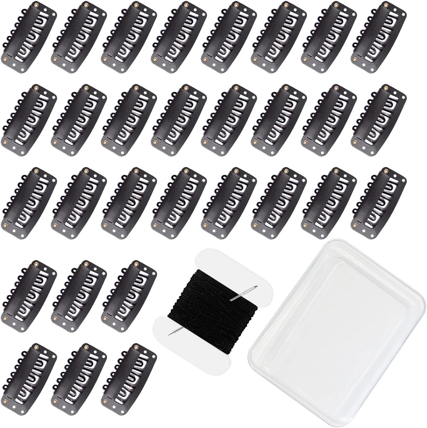 Uadbau 6-teeth U-shape wig clips front view showing thirty black snap fasteners with silicone coated teeth