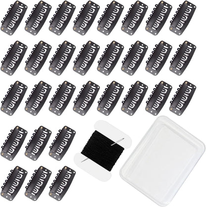 Uadbau 6-teeth U-shape wig clips front view showing thirty black snap fasteners with silicone coated teeth