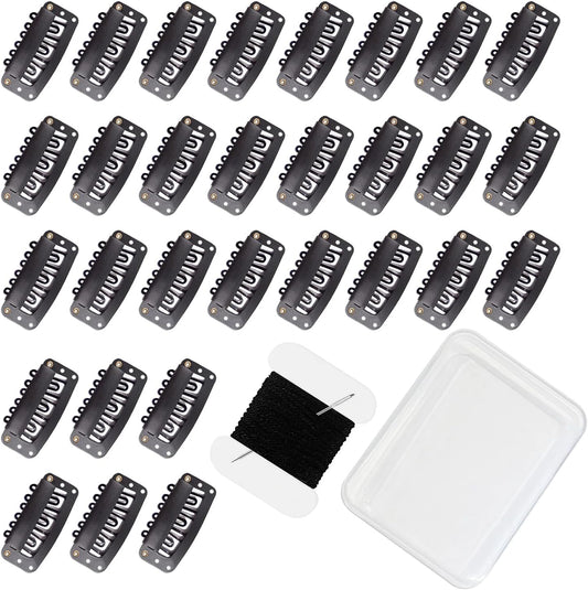Uadbau 6-teeth U-shape wig clips front view showing thirty black snap fasteners with silicone coated teeth