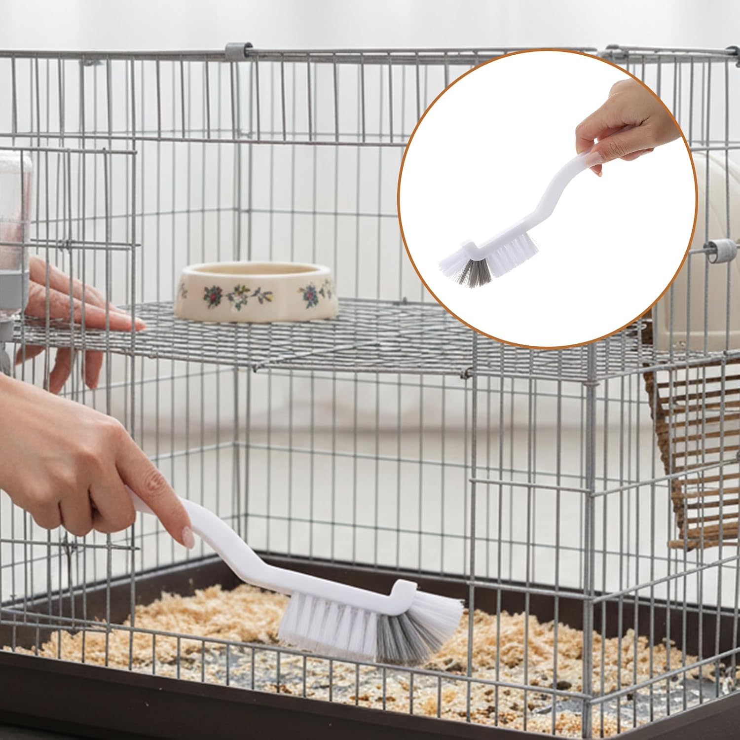 Multi functional four piece bird cage hygiene accessory kit hanging by handle holes for storage