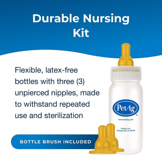 PetAg four ounce graduated pet feeding bottle alongside the included silicone nipples and cleaning brush.