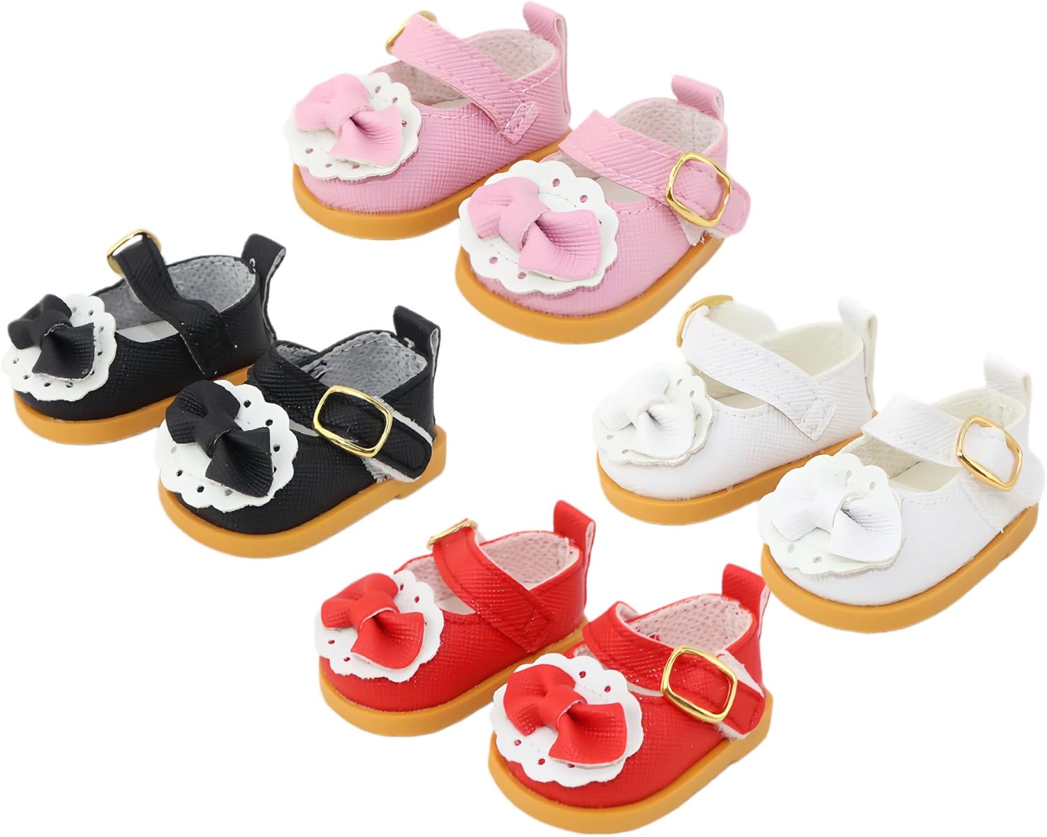 Mrwtesio 4 set shoes for desk goose front view featuring pink miniature princess shoes with decorative bows.