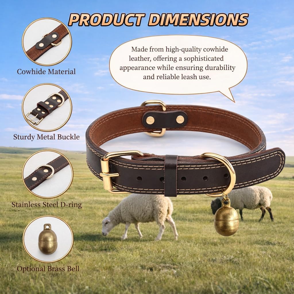 Adjustable brown cowhide pet necklace showing heavy duty buckle